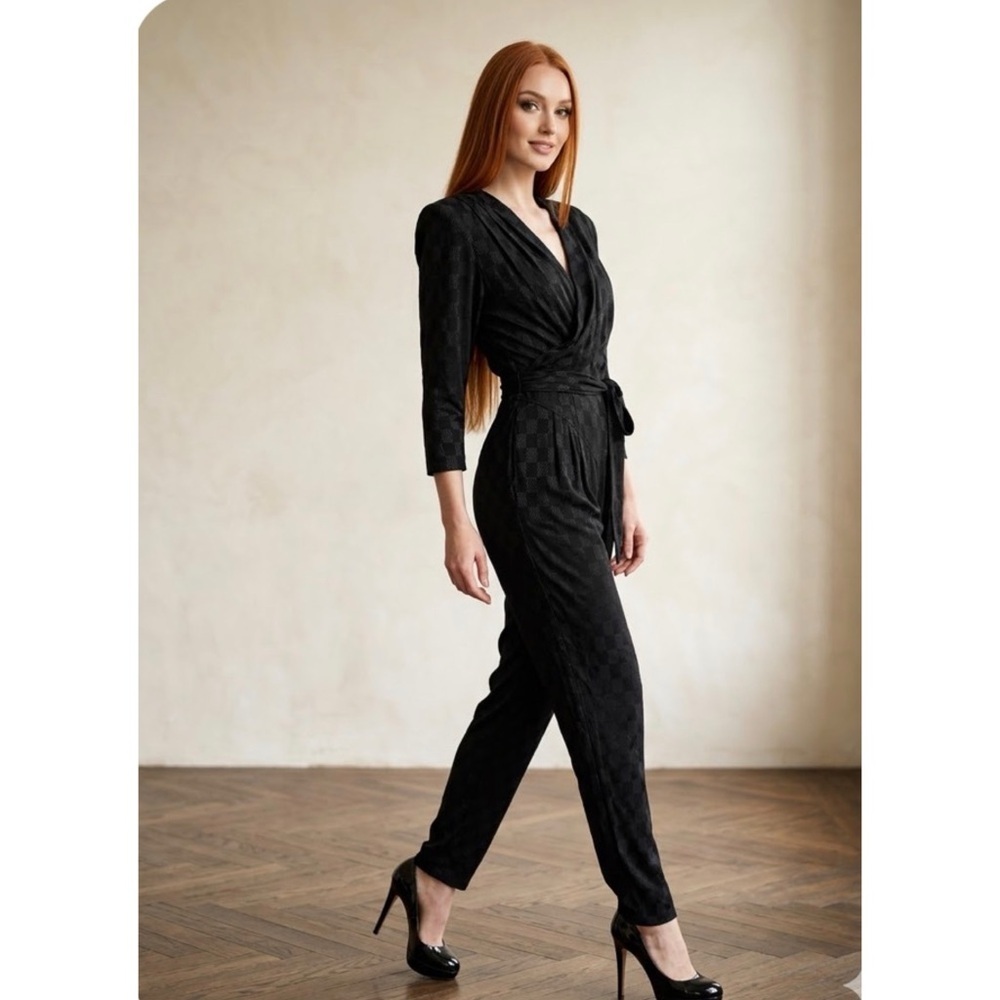 VTG Retro Wild Rose Black Jacquard Wrap Top Tie Waist 3/4 Sleeves Jumpsuit S